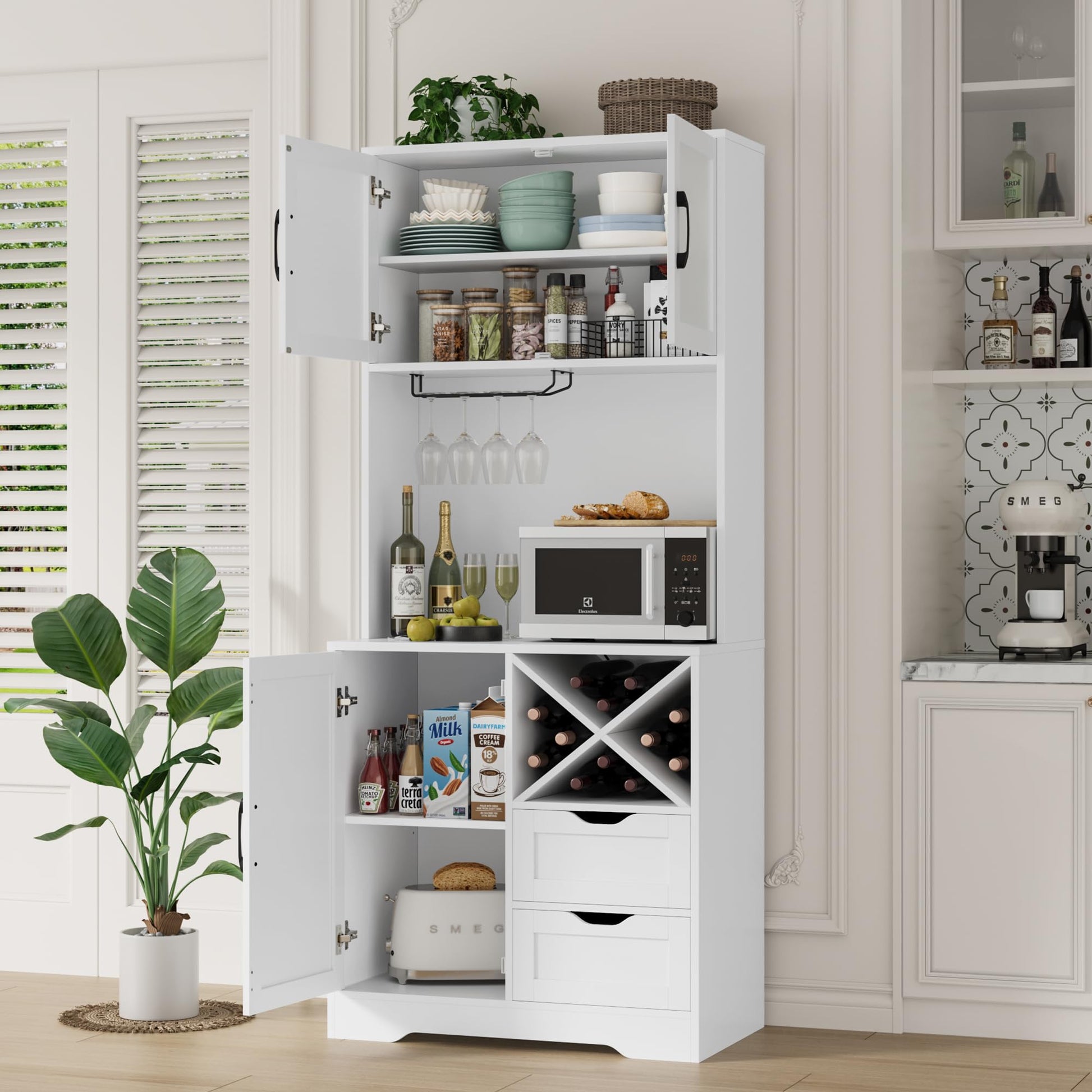 BOTLOG 71" Kitchen Hutch, Pantry Cabinet with Microwave Stand, Freestanding Buffet with Hutch, Adjustable Shelf, 3 Glass Doors, 2 Drawers, for Home, Dining Room, White - WoodArtSupply