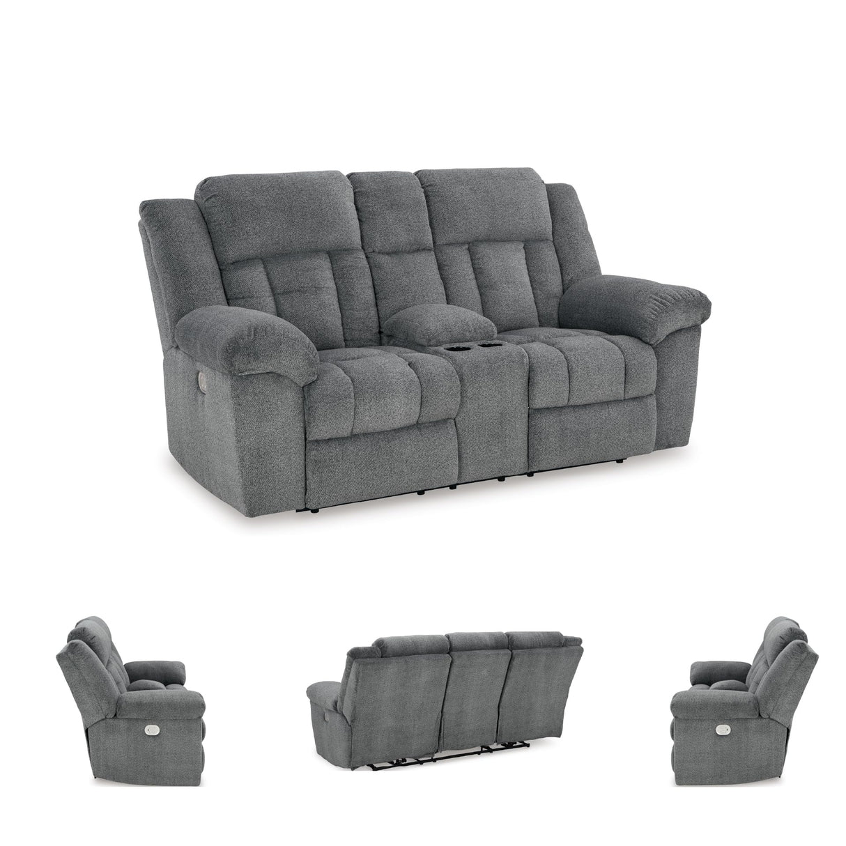Signature Design by Ashley Tip-Off Modern Wall Hugger Power Reclining Loveseat with Adjustable Headrest, USB Ports, Storage and Cup Holders, Gray Signature Design by Ashley