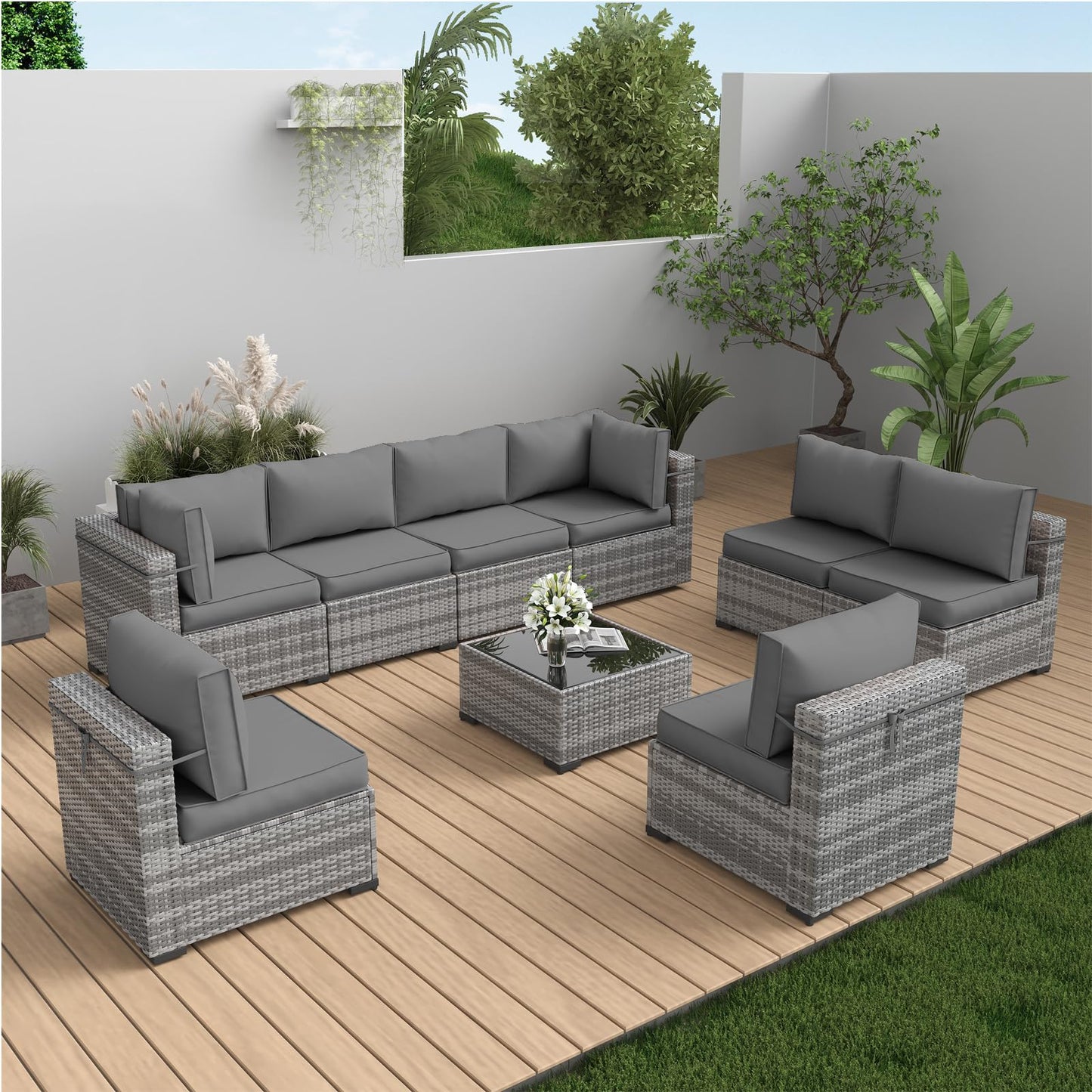 Amopatio Patio Furniture Set, Outdoor Patio Furniture Wicker Furniture Couch Set, 9 Pieces Outdoor Sectional Sofa with Patio Furniture Cover, Outdoor Patio Set for Porch Furniture (Grey)