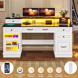 BTHFST Executive Desk with File Drawer, Computer Desk with Monitor Stand, Home Office Desk with Drawers & Storage Cabinet, Writing Desk with Charging Station & LED Lights, White BTHFST