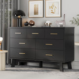 Dresser for Bedroom with 7 Drawer, Wood Modern Chest of Drawers with X-Shaped Sturdy Base, Wide Double Dresser Closet Clothes Storage Organizer, Wooden Dresser TV Stand for Living Room, Hallway, Black Xixini