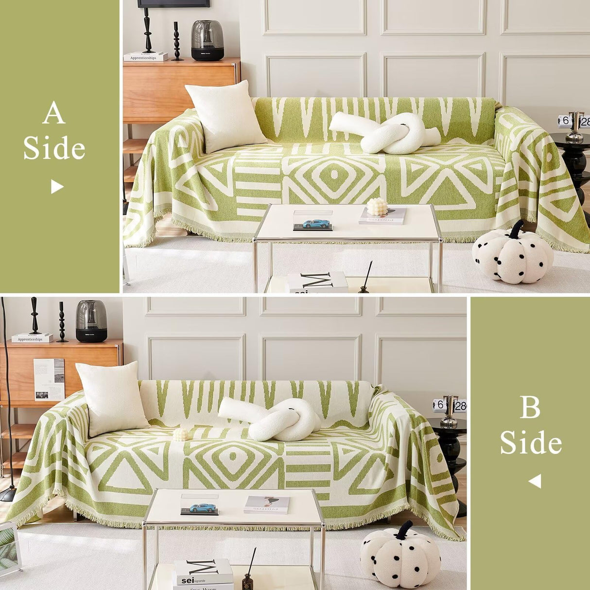 VClife Boho Couch Cover Non-slip Chenille Sectional Sofa Couch Cover for 2 Cushion Couch Sofa Modern Cream White Green Geometry Sofa Slipcover for Loveseat Washable Furniture Protector Cover 71"x 118" VClife