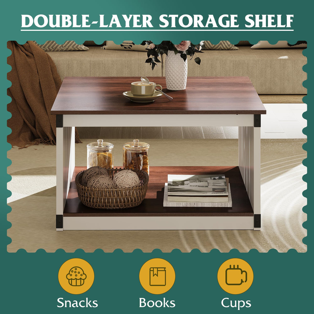 NICBEX Farmhouse Coffee Table, 31.5" Square Coffee Table with Open Storage, Wood Rustic Cocktail Table Center Table for Living Room, Espresso Brown NicBex