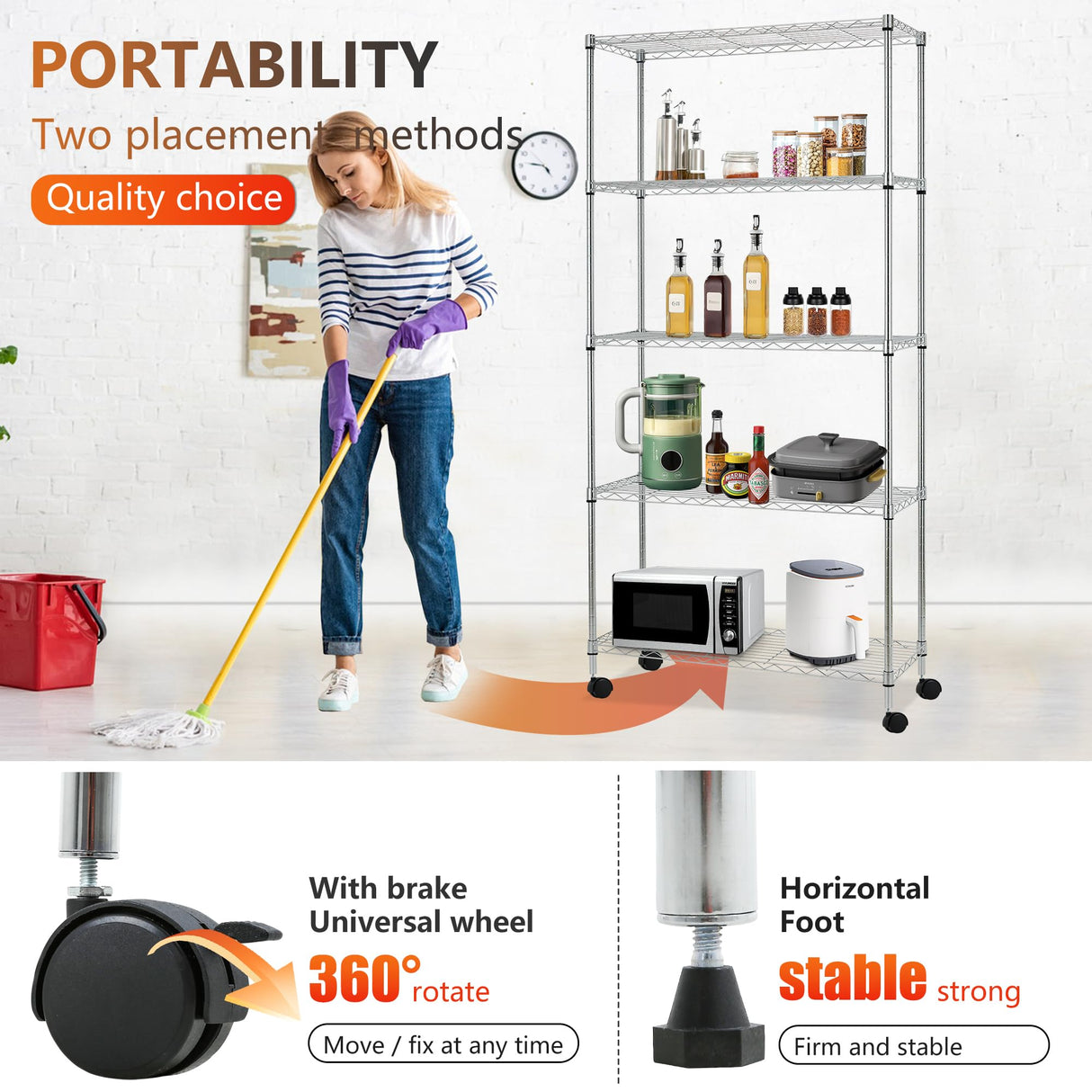 FDW | 5-Tier Wire Storage Shelves with Wheels | 30"x14"x61" | Chrome | Adjustable Racks | Heavy-Duty Metal Shelf, Holds Upto 220 lbs | Tool-Free Assembly, Rust-Resistant | for Home & Garage Shelving FDW