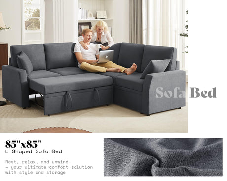 AMERLIFE Sofa Bed, 85 Inch Reversible L Shape Couch with Pull Out Bed & Storage Seat, Oversized Sectional Sleeper Bed for Living Room Apartment, Grey Linen Sleeper Sofa Couch AMERLIFE