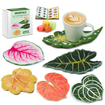 OEHPICC Needle Felting Kit, 6 PCS Plant Leaf Coasters Needle Felting Starter Kit,Wool Felting Kit with Wool Roving, Foam Pad and Instructions for DIY Felting Starters