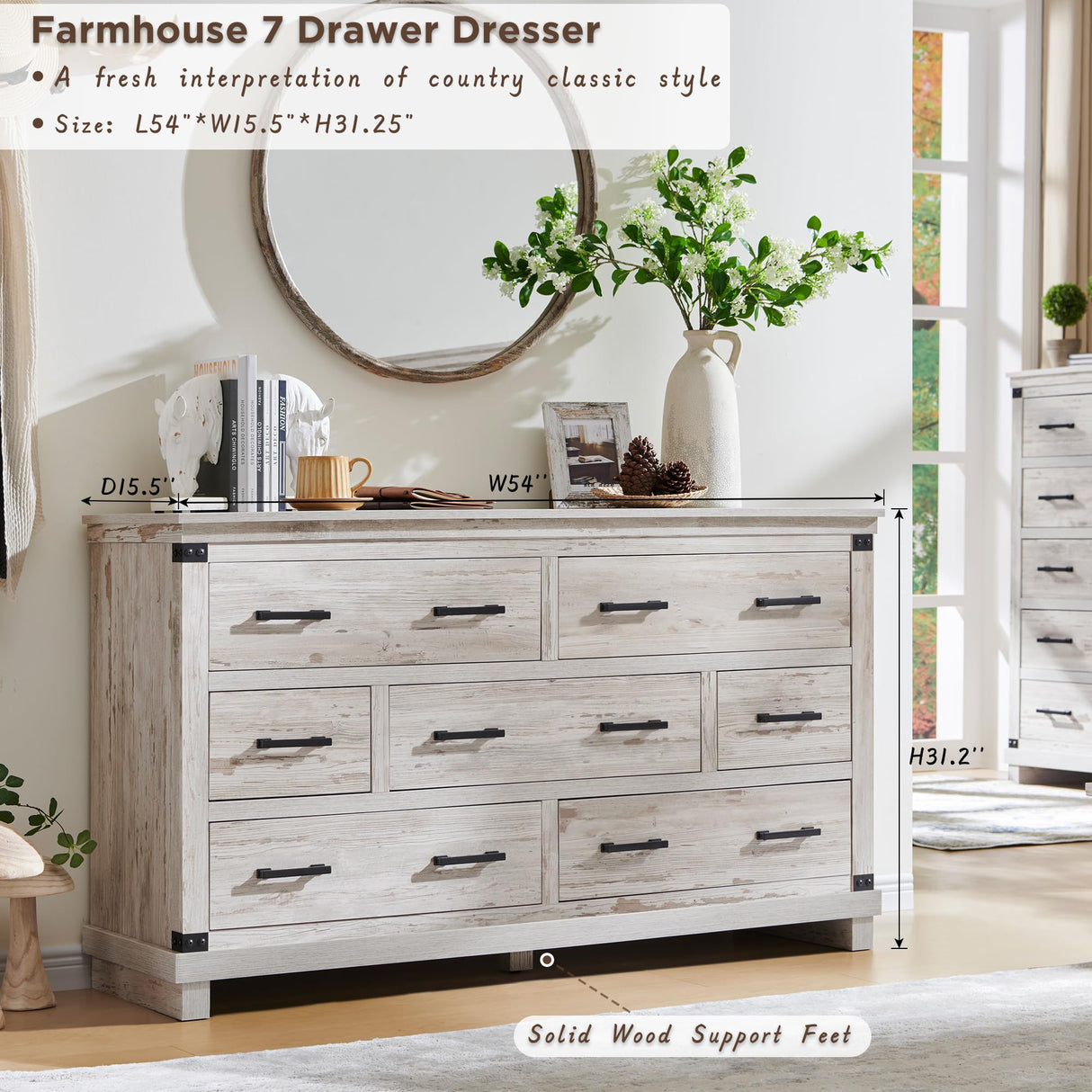 Farmhouse 7 Drawers Dresser for Bedroom, Wood Large Chest of Drawers with Thick Plank Styling, Rustic Closet Dresser for Bedroom, Living Room, Antique Brush White RedLemon
