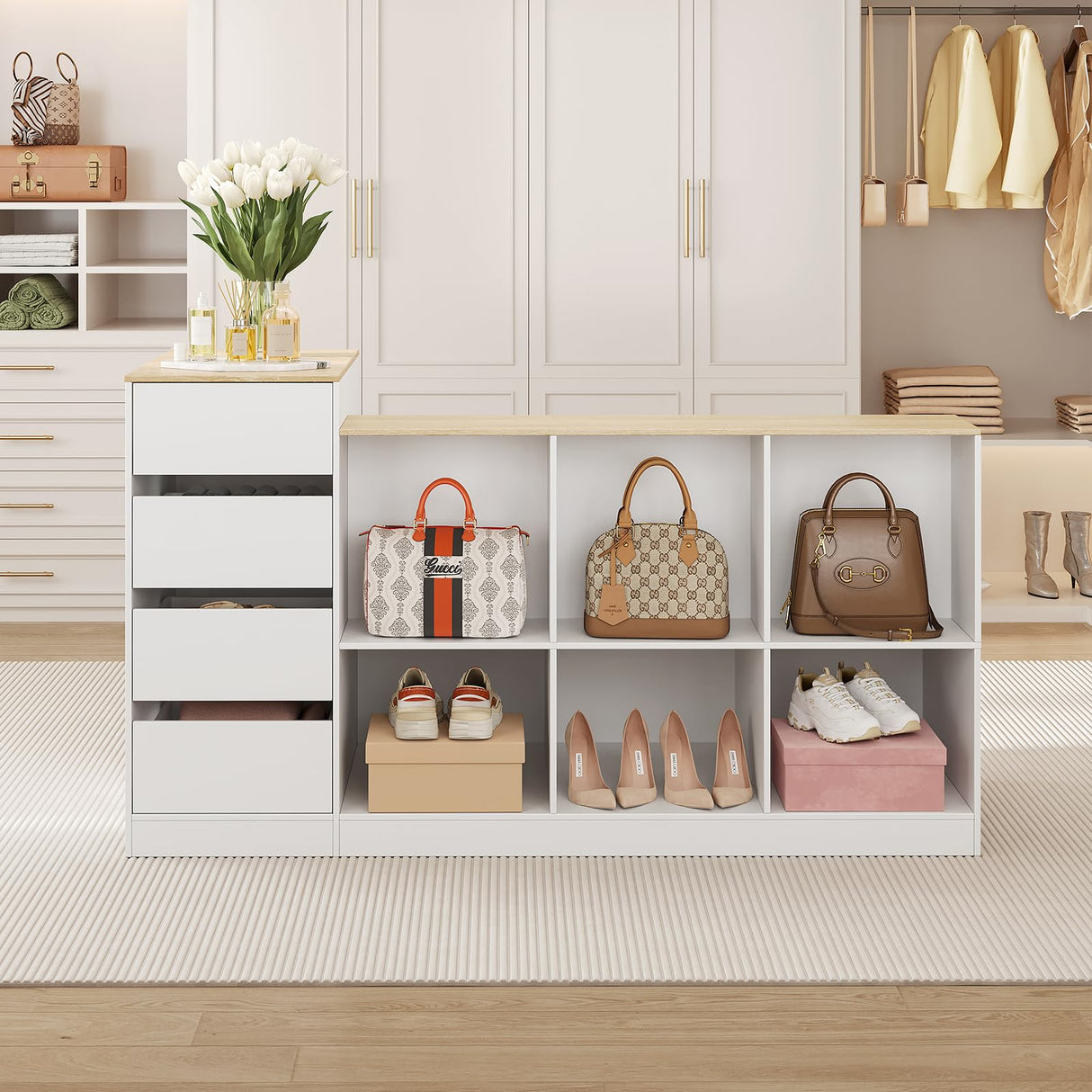 ZORPLIX Display Stand, Closet Island with Drawers, Wardrobe Armoire Island, Bedroom Island with Shoe Bench and Storage Compartment, Island Dresser for Closet, Clothing Store ZORPLIX