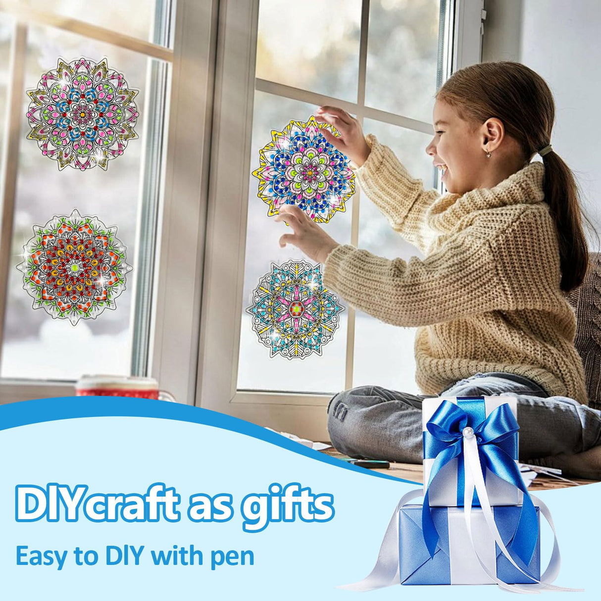 LINGFANG 4 Pcs Diamond Art Stained Glass Window Clings with Diamond DIY Pen Tools, Diamond Painting Window Stickers for Suncatchers, Diamond Art Kits for Adults, Diamond Art Accessories (Mandala 4) LINGFANG