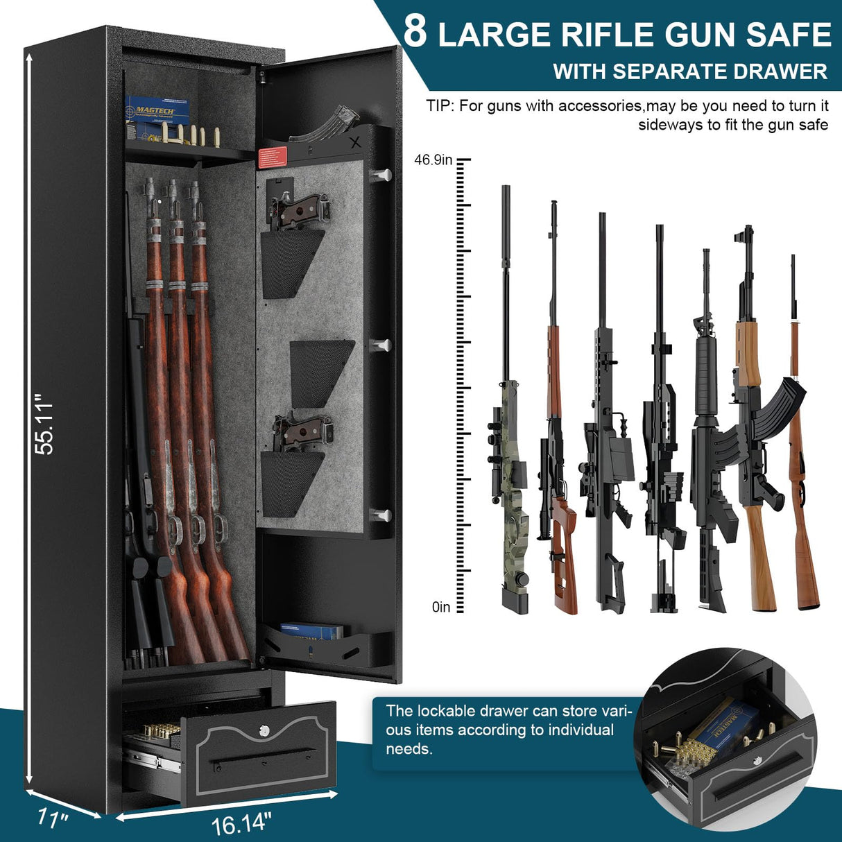 8 Gun Safe Rifle,Gun Safe for Rifles and Pistols,Large Rifle Safe with Drawer,Gun Cabinet for Rifles and Shotguns with/without Scopes,Rifle Gun Safe with Removable Shelf and Gun Rack Karini