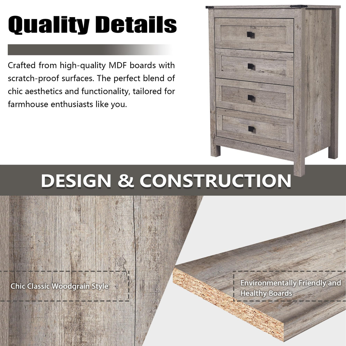 CATMIX 4 Drawer Dresser for Bedroom, Tall Chest of Drawers, Wooden Storage Cabinet Farmhouse Closet Organizer for Living Room, Hallway, Laundry. Light Rustic Brown Wood Grain, Rustic Grey CATMIX