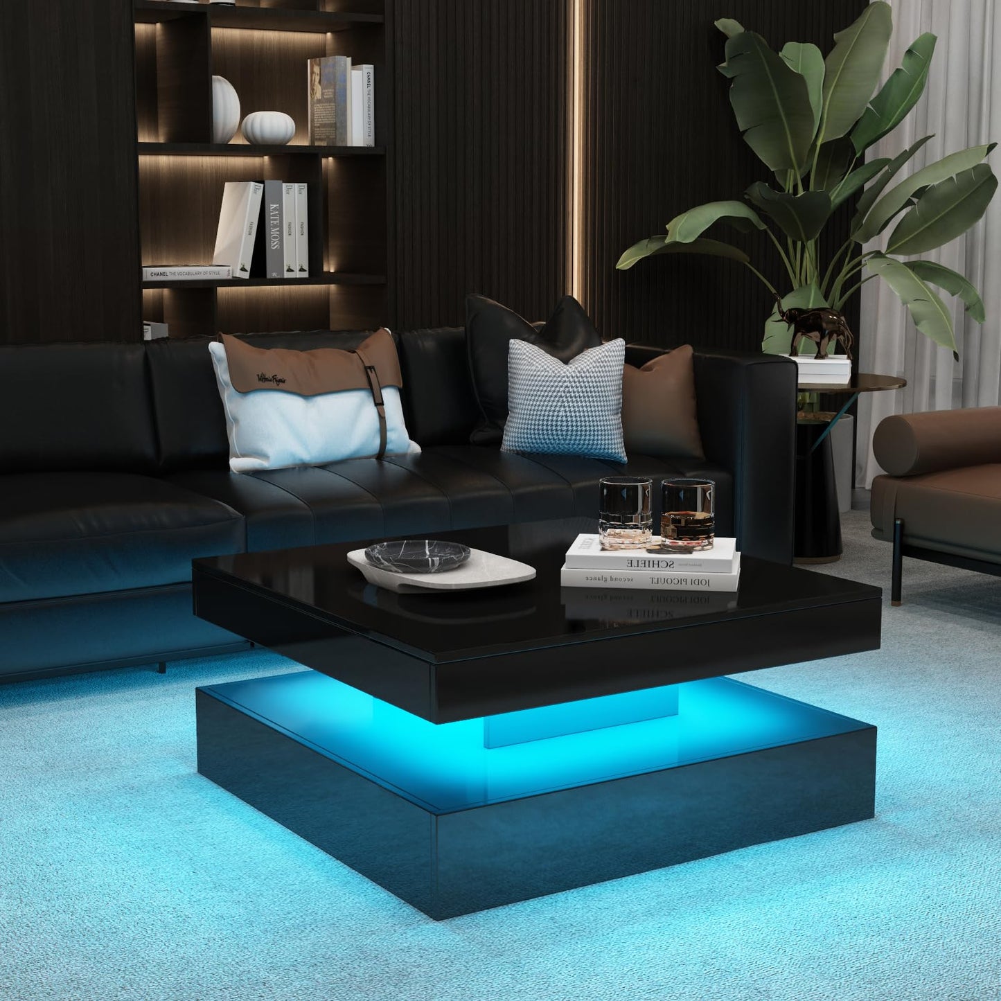 Black Coffee Table Square with LED Lights, High Glossy Center Table with Storage, Lighted Cocktail Table with Sliding Drawers, Modern Mid Century Table for Living Room, Home and Office