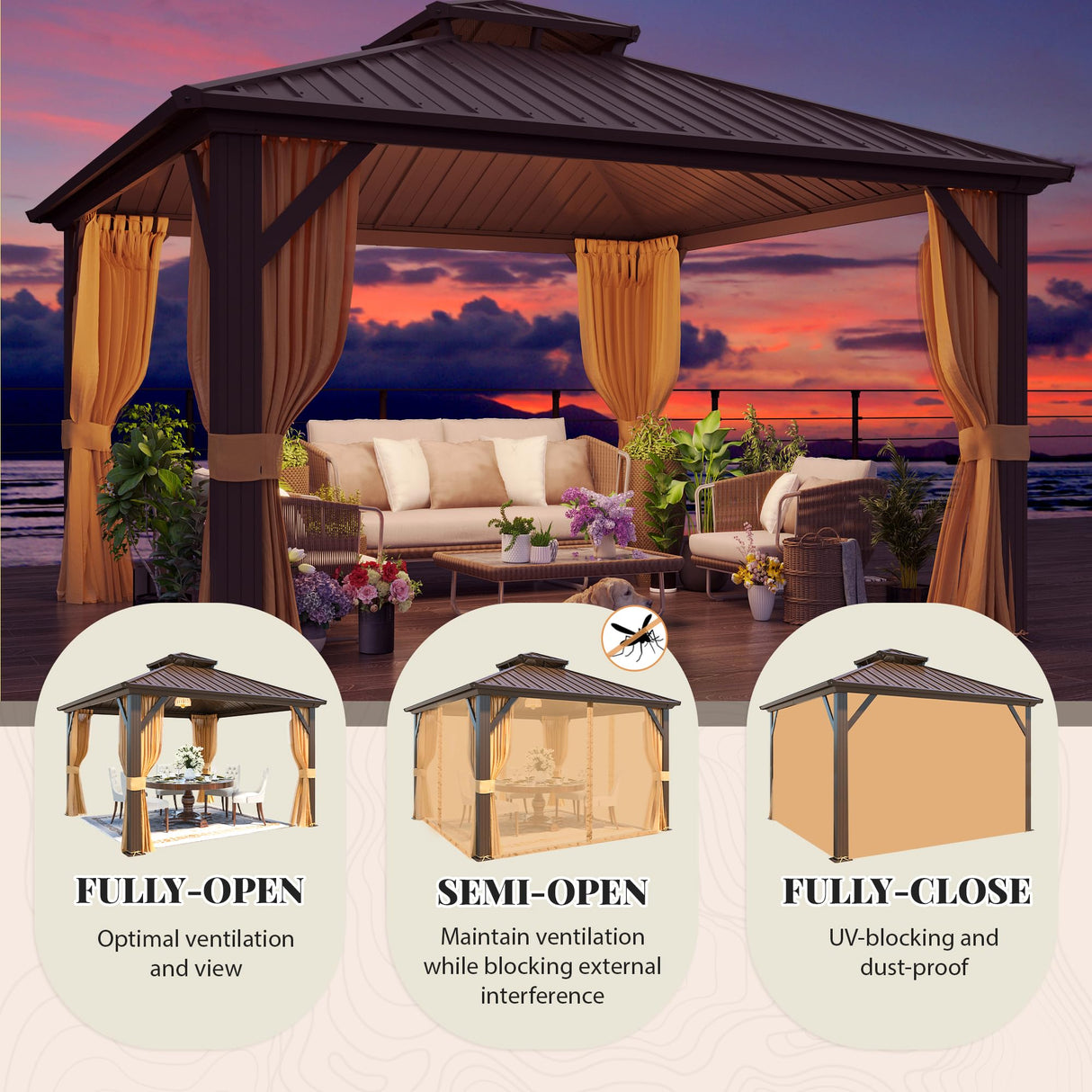 YOLENY 12' x 12' Hardtop Gazebo, Metal Gazebos with Aluminum Frame, Double Galvanized Steel Roof, Curtains and Netting Included, Pergolas for Patios, Garden, Parties, Lawns YOLENY