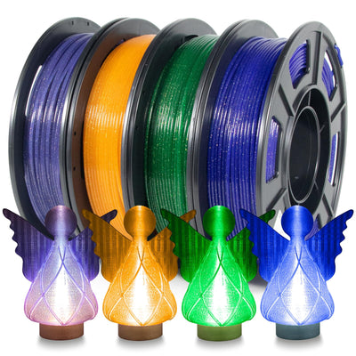 iSANMATE 3D Printer Filament Bundle, Transparent Glitter Blue, Orange, Green and Blue Violet PLA Filament 1.75 mm, 3D Printing Filament, 250g X 4 Pack
