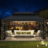 Jolydale Hardtop Gazebo 12 X 16ft with Mosquito Netting and Curtains, Outdoor Gazebos with Double Roof, Galvanized Steel Permanent Aluminum Gazebo, for Gardens, Decks, Patios, Parties Jolydale