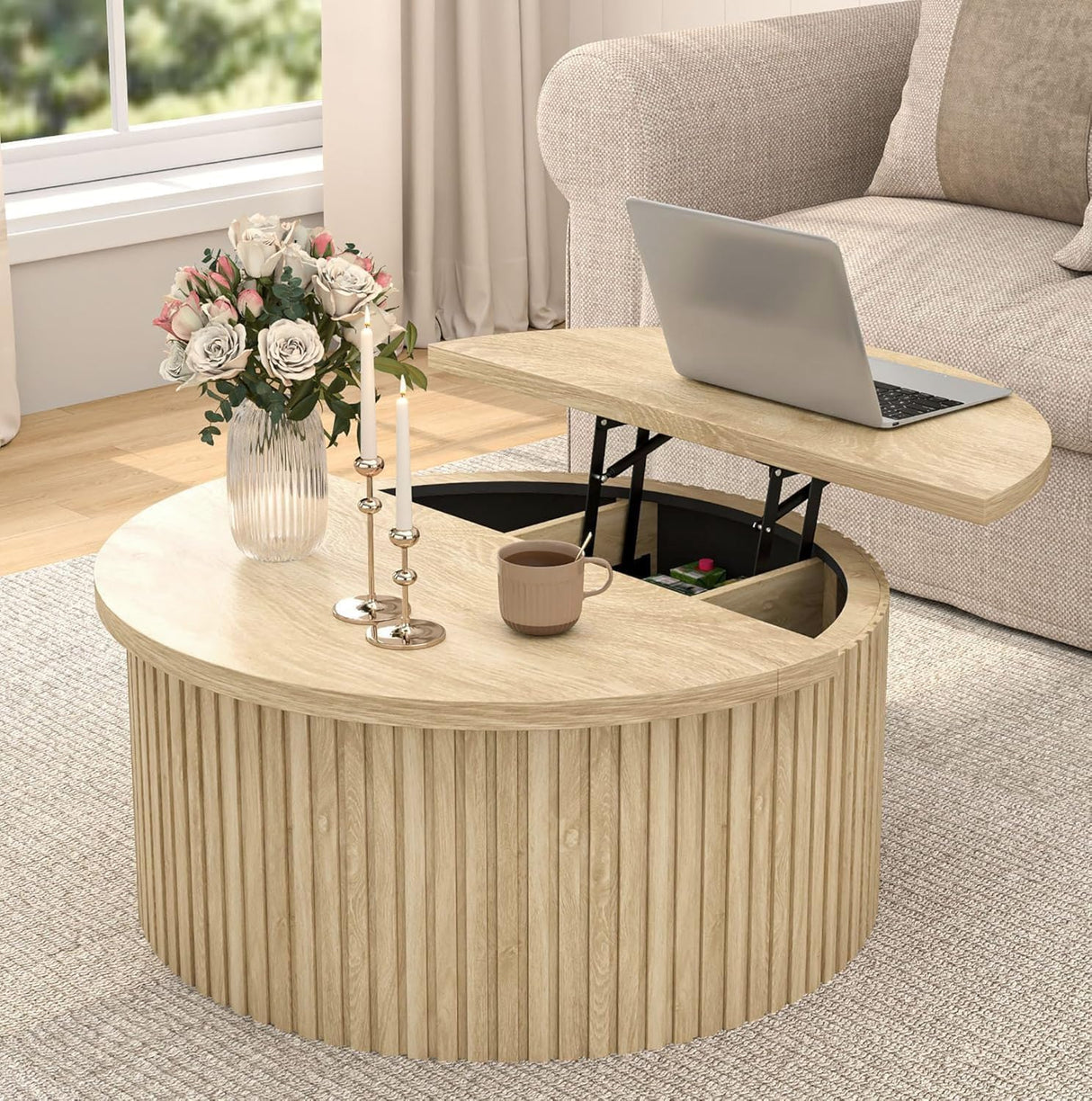 Fsbecl Lift Top Coffee Table with Storage, Round Coffee Tables for Living Room, 34.6'' Farmhouse Fluted Coffee Table, Wood Center Table with Large Hiddern Storage Compartment (Wood Color) Fsbecl