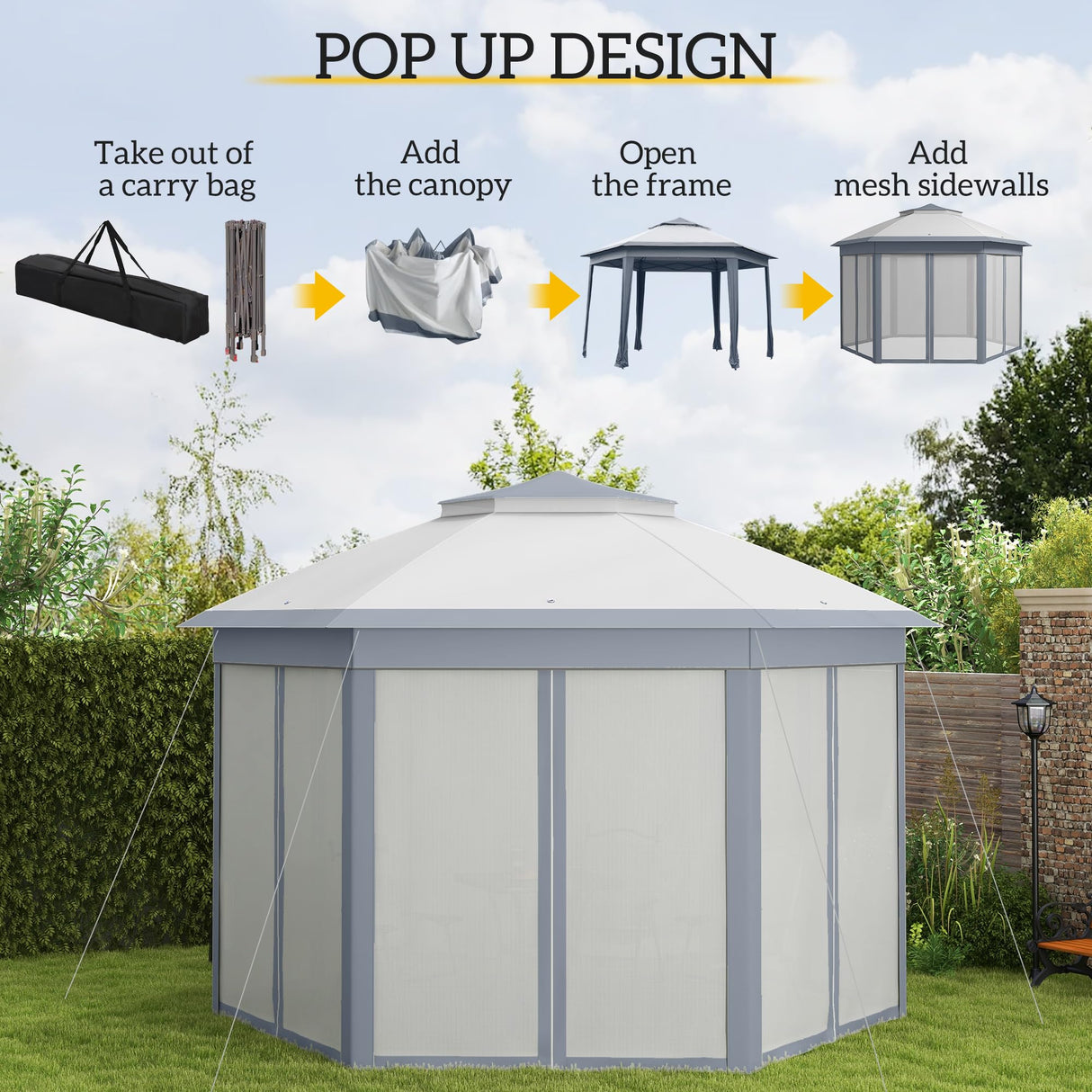 Outsunny 13' x 13' Pop Up Gazebo, Hexagonal Canopy Shelter with 6 Zippered Mesh Netting, Event Tent with Strong Steel Frame for Patio Backyard Garden Wedding Party, Gray Outsunny