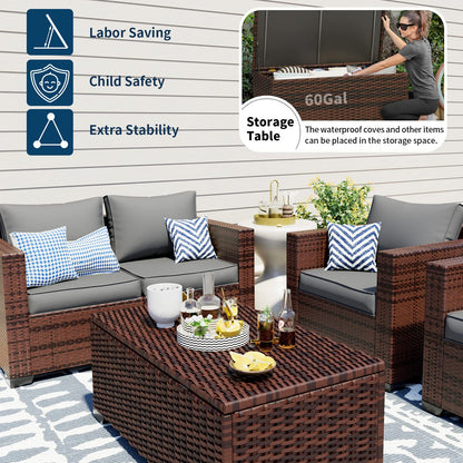 UDPATIO 4 Piece Patio Furniture Set, Wicker Patio Set with Storage Coffee Table and Dark Grey Cushions, Outdoor Patio Furniture for Porch Balcony - WoodArtSupply