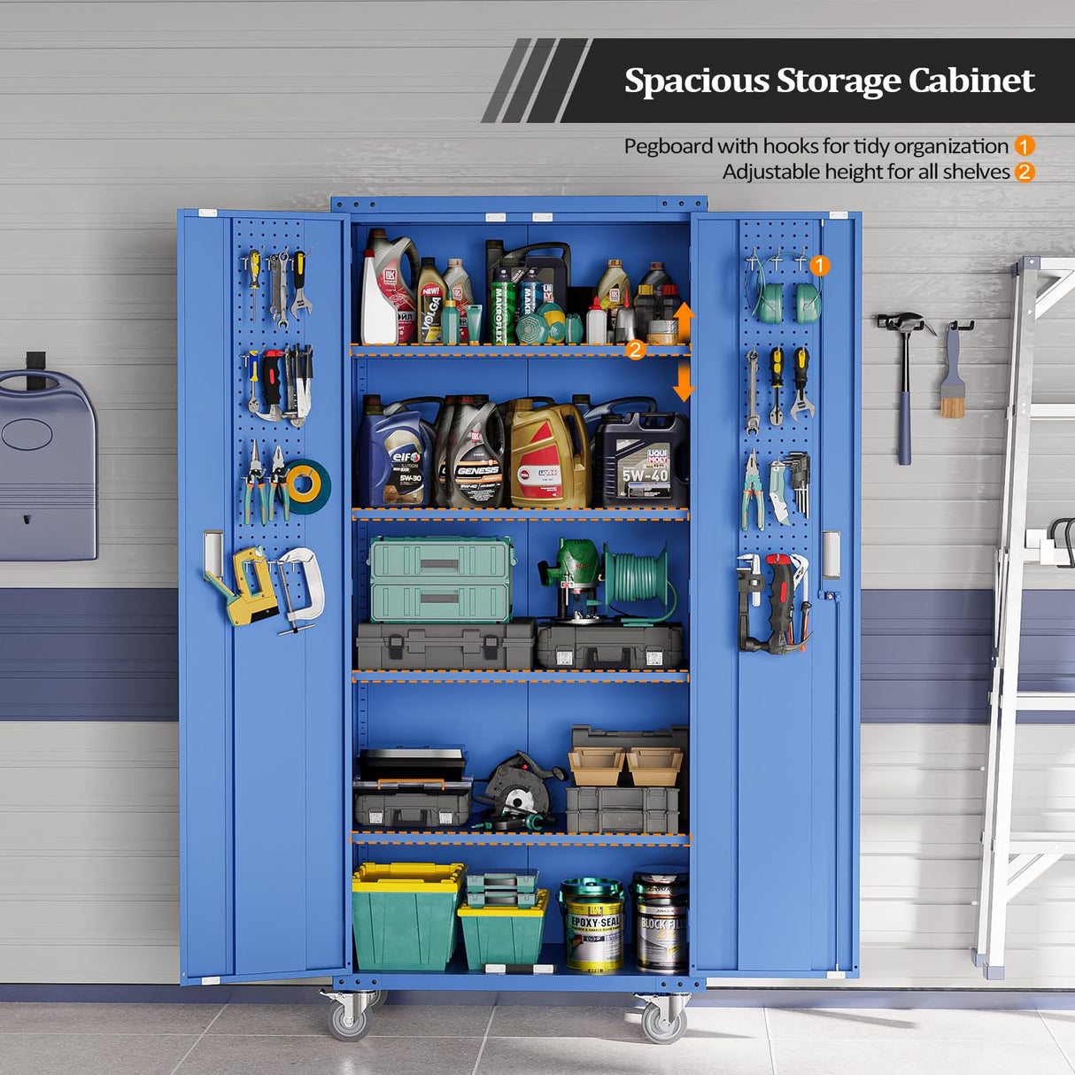 VINGLI 72'' Tall Metal Garage Storage Cabinet with Pegboards, Wheels, Locking Doors and Adjustable Shelves, File Cabinet/Tool Cabinet for Home Office/School (Blue, 32W x 16D x 72H) VINGLI