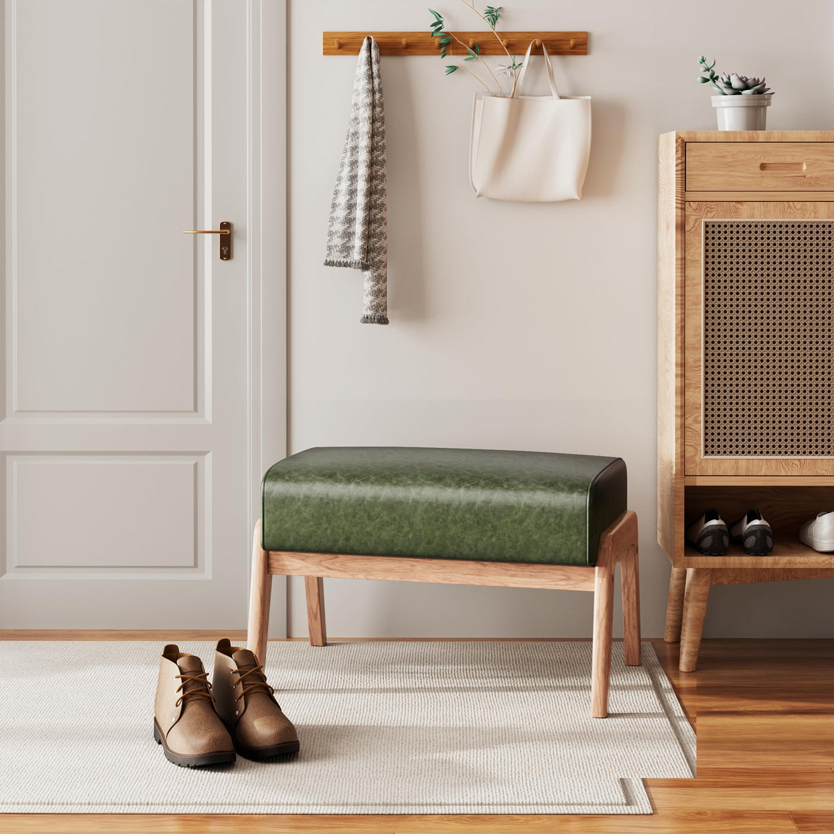 ACONUP Modern Ottoman Foot Stool, Faux Leather Accent Sofa Footrest with Walnut Rubber Wood Frame, Ottoman Bench for Living Room Entryway Bedroom Sofa Seat, Hunter Green ACONUP