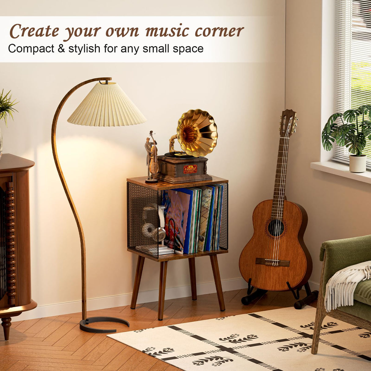 Yuzehuaza Record Player Stand with Storage up to 100 Albums,Small Vinyl Record Holder with Adjustable Divider, Retro Record Player Table with Wood Legs,Book/LP Record Shelf for Living Room Bedroom Yuzehuaza