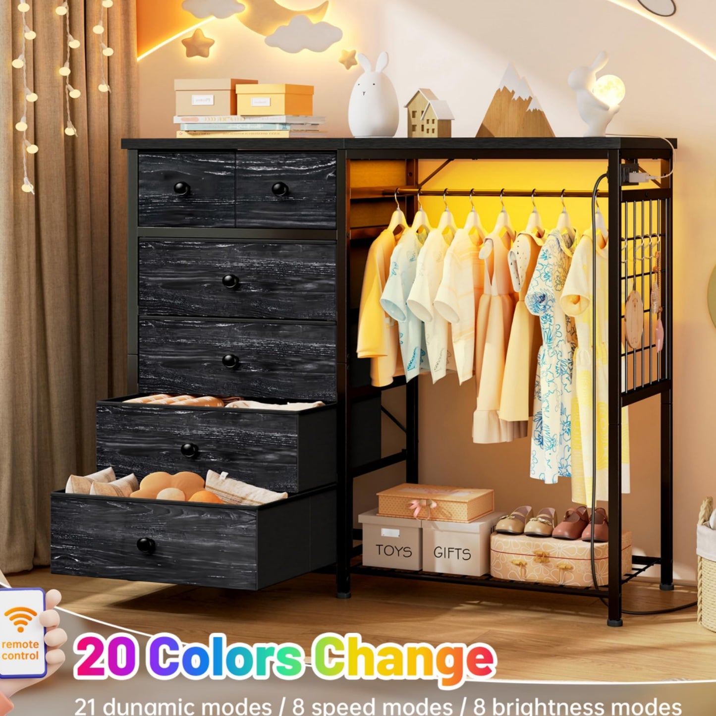 EnHomee 49.2" W Dresser for Bedroom with Hanging Rack 6 Drawers Dresser with LED Lights Fabric Dressers & Chest of Drawer with Clothes Rack,Wooden Top,Grid Panel,Closet,Black 49.2" Wx47.2 Hx15.8 D