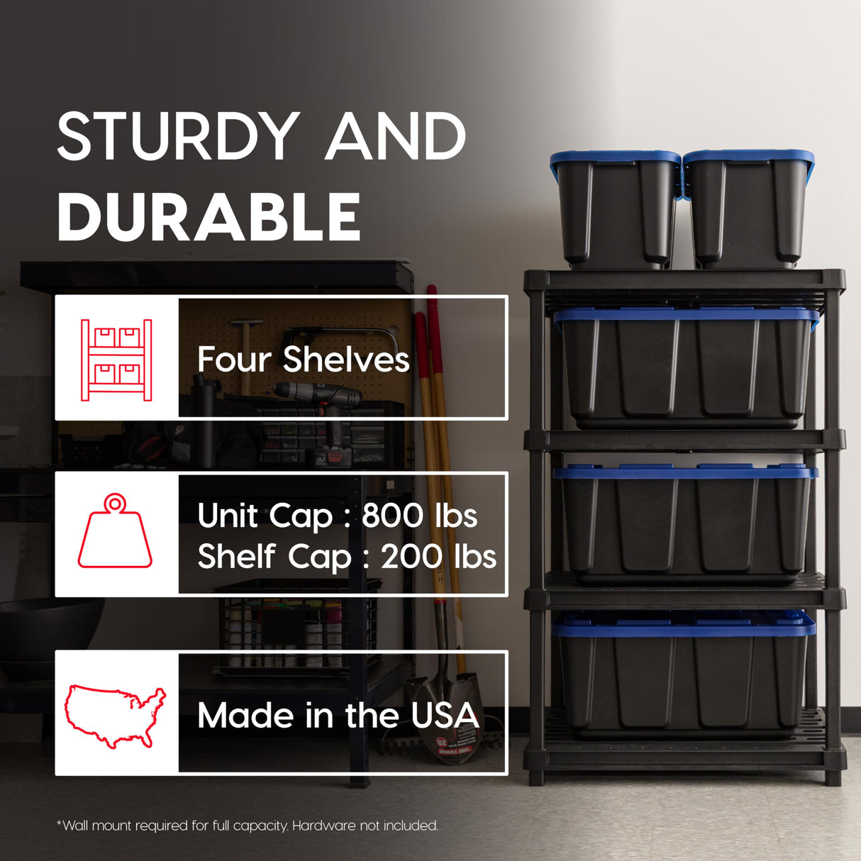 IRIS USA 4-Shelf Extra Heavy Duty Deep Plastic Storage Shelves, 800lb Capacity, 57" H x 36" W x 24" D, Large Modular Shelving Unit Storage Organizer for Garage, Home, Warehouse & Gym, Rack - Black Iris Ohyama