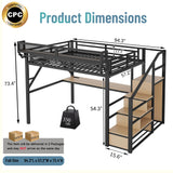 Full Loft Bed with Desk and RGB Light, Metal Loft Bed Frame with Stairs and Bedside Shelf, Heavy-Duty Lofts Beds with Storage Shelves and Wardrobe for Kids Teens, Black Mirightone