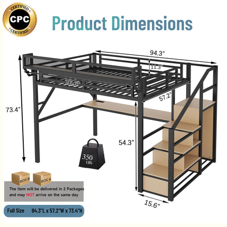 Full Loft Bed with Desk and RGB Light, Metal Loft Bed Frame with Stairs and Bedside Shelf, Heavy-Duty Lofts Beds with Storage Shelves and Wardrobe for Kids Teens, Black Mirightone