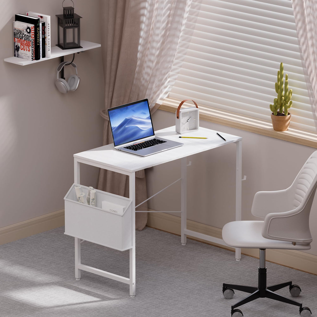 Pamray 32 Inch Computer Desk Small Spaces Desk with Storage Bag for Bedroom Writing and Home Office Work Small Study Desk Table White Pamray