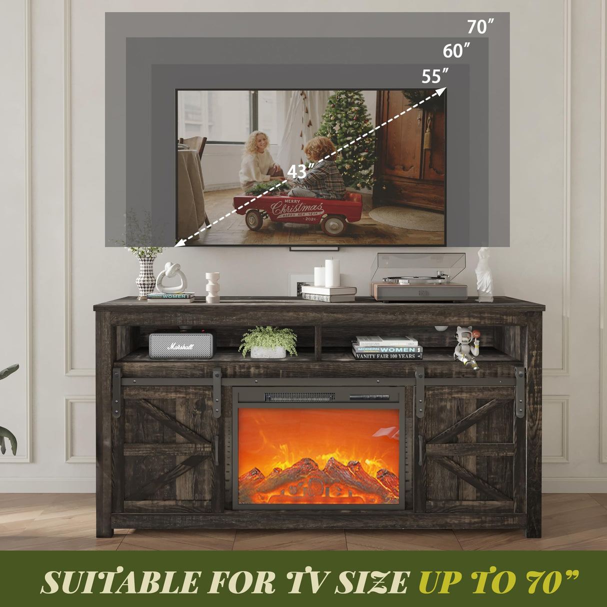 SENSWEET 58" Farmhouse TV Stand with Fireplace, Entertainment Center w/Sliding Barn Door, Rustic Media Console with 2 Storage Shelves, Wood Television Stand for Living Room,Dark Rustic Oak SENSWEET