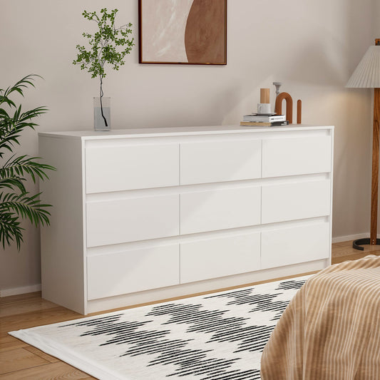 Homsee 9 Drawers Double Dresser, Modern Wood Dresser Chest of Drawers with Large Storage Space for Bedroom, White (63”L x 15.7”W x 31.5”H) - WoodArtSupply