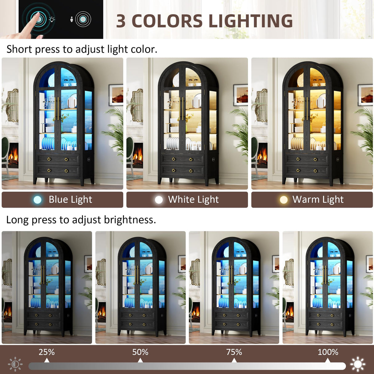 Vlsrka 71" Arched Curio Cabinet with Glass Doors, 4-Shelves Display Cabinet and 2 Drawers, Display Case with 3 Color Lights, Tall Bookcase, Kitchen Pantry, Black+Wood Vlsrka