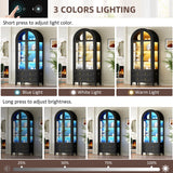 Vlsrka 71" Arched Curio Cabinet with Glass Doors, 4-Shelves Display Cabinet and 2 Drawers, Display Case with 3 Color Lights, Tall Bookcase, Kitchen Pantry, Black+Wood Vlsrka