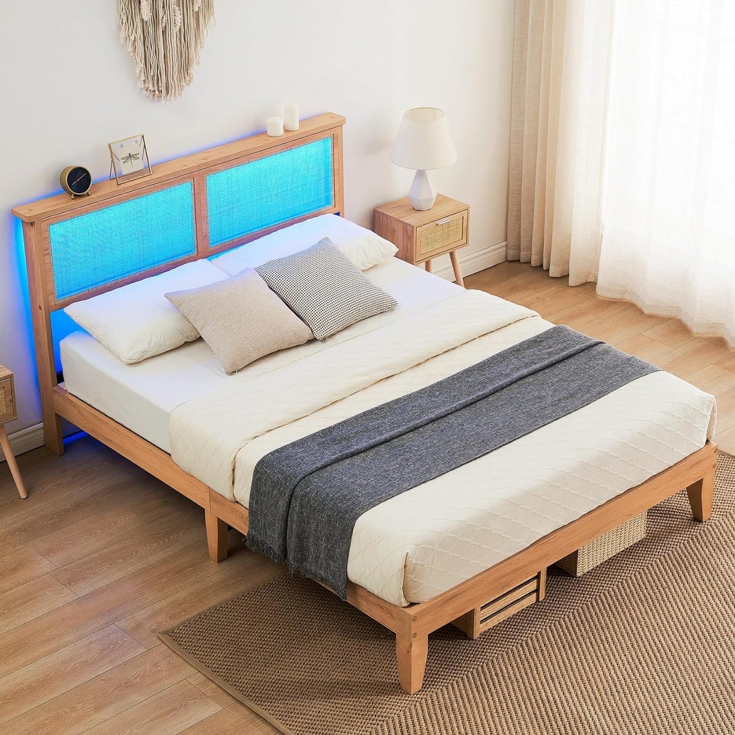 Coucheta Queen Rattan Bed Frame with Natural Headboard and LED Lights - WoodArtSupply