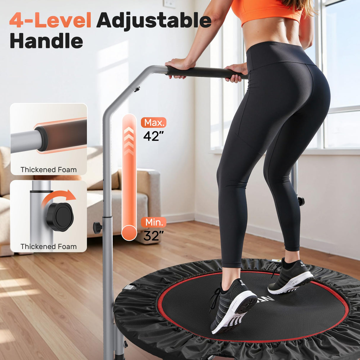 BCAN 40/48" Foldable Mini Trampoline Max Load 330lbs/440lbs, Fitness Rebounder with Adjustable Foam Handle, Exercise Trampoline for Adults Indoor/Garden Workout, Black BCAN