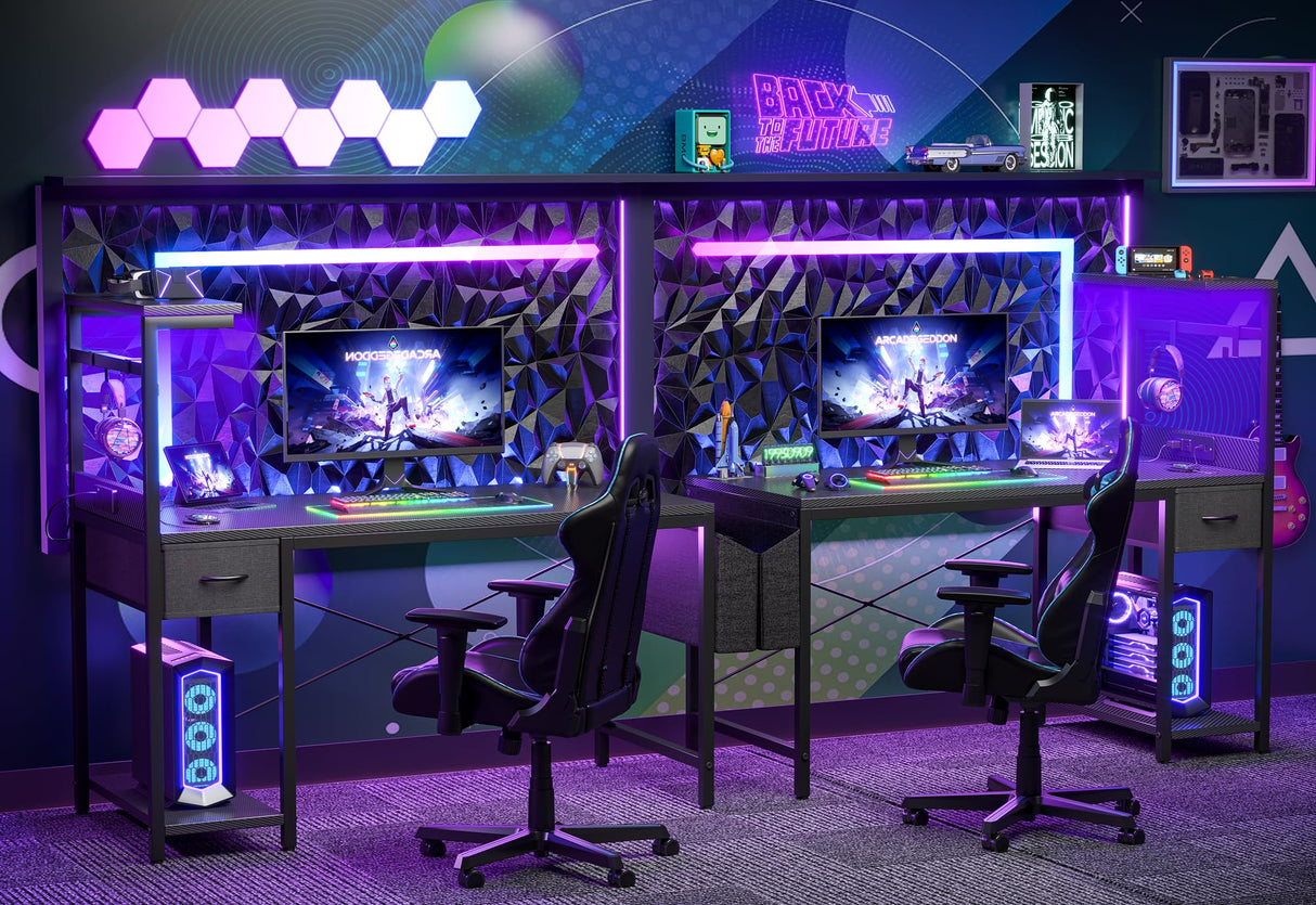 TIQLAB Gaming Desk 47 inch with Power Outlet and LED Light, Computer Desk with Reversible Shelves and Storage Drawer, Small PC Desk for Home Office Table with Bag, Carbon Fiber Black TIQLAB