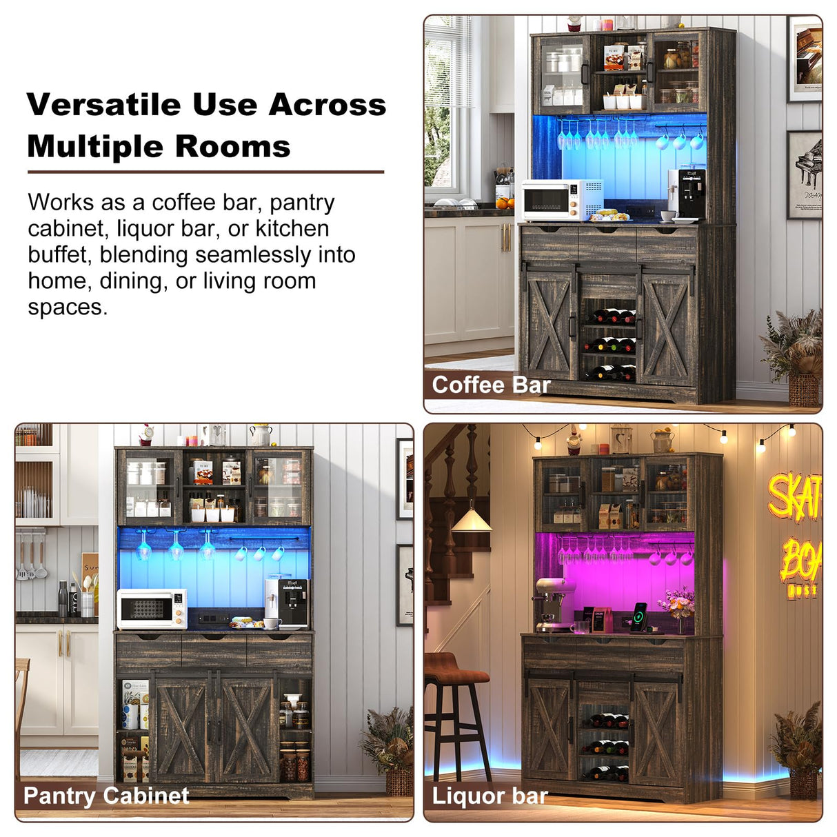 72" Coffee Bar Cabinet w/Power Outlet,LED Lights,Farmhouse Large Kitchen Hutch w/Sliding Barn Door,Tall Bar Cabinets w/4 Drawers & Wine Glass Rack,Pantry China Cabinet for Home,Dark Rustic Oak chartustriable