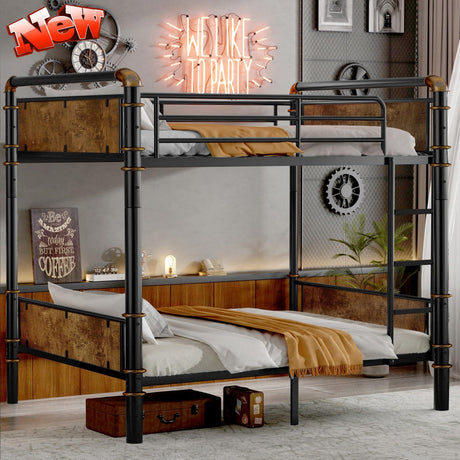 SIMPLEZC Upgraded Version Heavy Duty Thicken Metal Twin XL Over Twin XL Bunk Bed, Best Industrial Bunk Bed Twin XL Size for Adults, Convertible into 2 Beds with Wood Board, Water Pipe Design (Twin XL) SIMPLEZC
