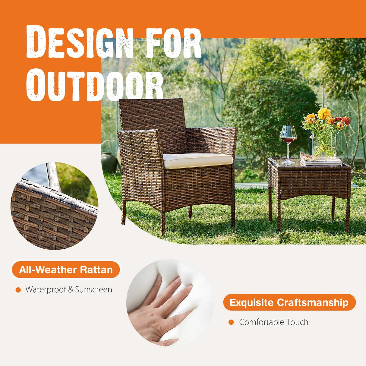 Sweetcrispy Patio Furniture Set 3 Pieces, Outdoor Furniture with Soft Cushion and Glass Table, All Weather Manual Weaving Wicker Rattan Patio Chairs for Garden, Terrace, Porch, Lawn (Brown and Beige) Sweetcrispy