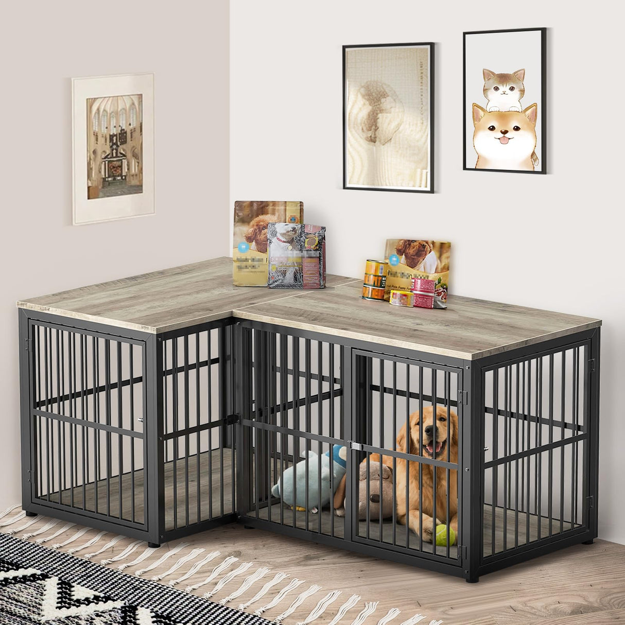 Lyromix 43'' L-Shaped Corner Dog Crate Furniture Large Breed for 2 Dogs with Double Rooms,Wooden Dog Crate End Table Indoor with Removable Divider for Small to Medium Dogs, Can Use Separately Lyromix