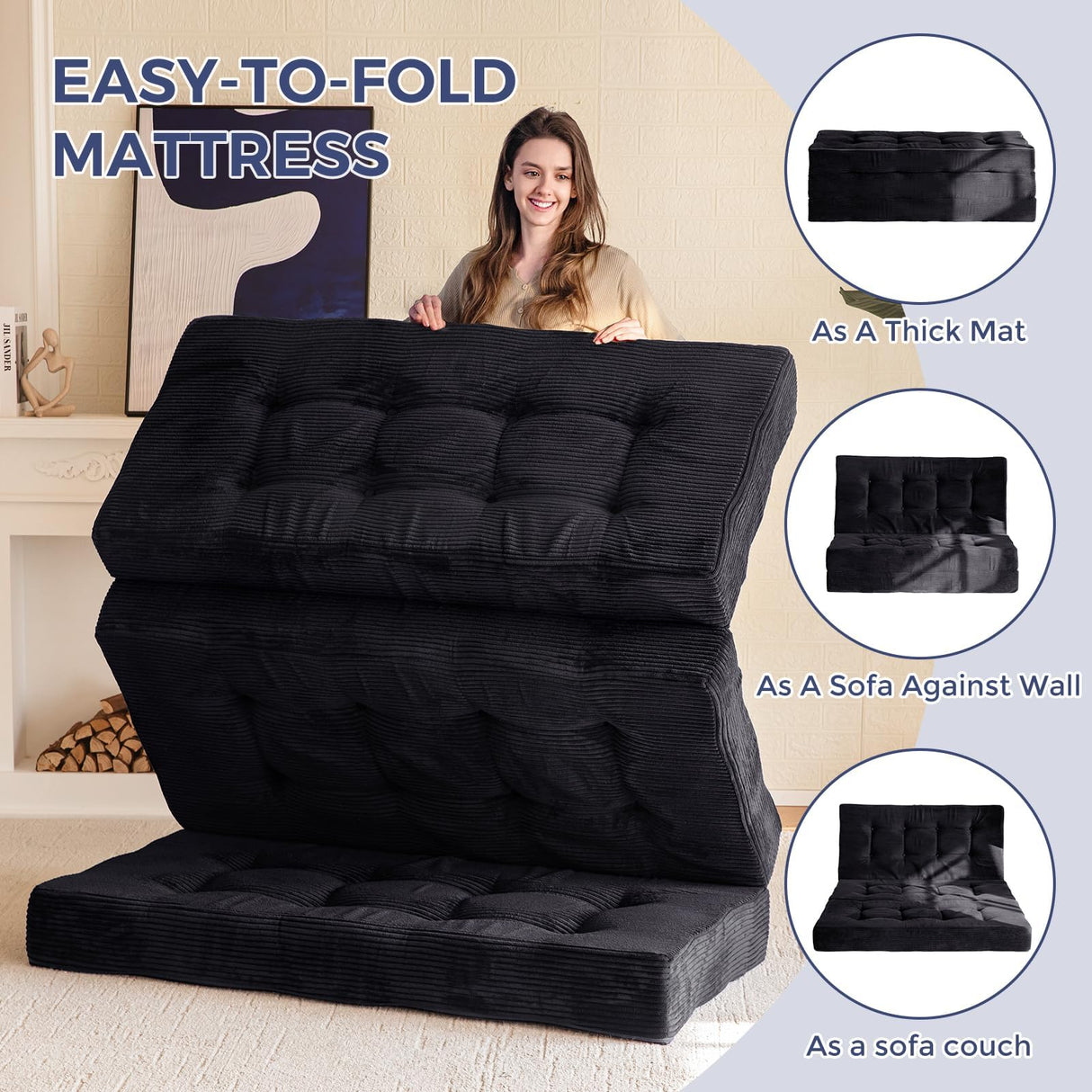 MAXYOYO Tri-Fold Mattress, 6 Inch Tufted Folding Futon Foam Bed, Foldable Floor Mattress Guest Bed Futon Topper Portable Camping Sleeping with Corded Fabric, Black, 59"x79" MAXYOYO