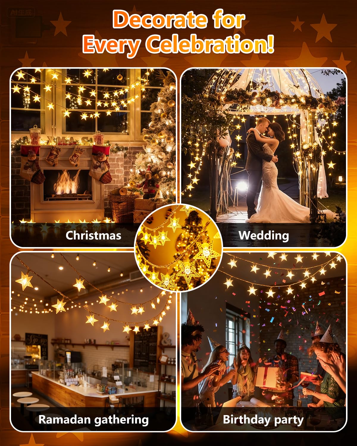 Twinkle Star 100 LED Star String Lights, 33FT Plug in Fairy String Lights Waterproof, Extendable for Indoor, Outdoor, Wedding Party, Christmas Tree, New Year, Ramadan, Garden Decoration, Warm White Twinkle Star