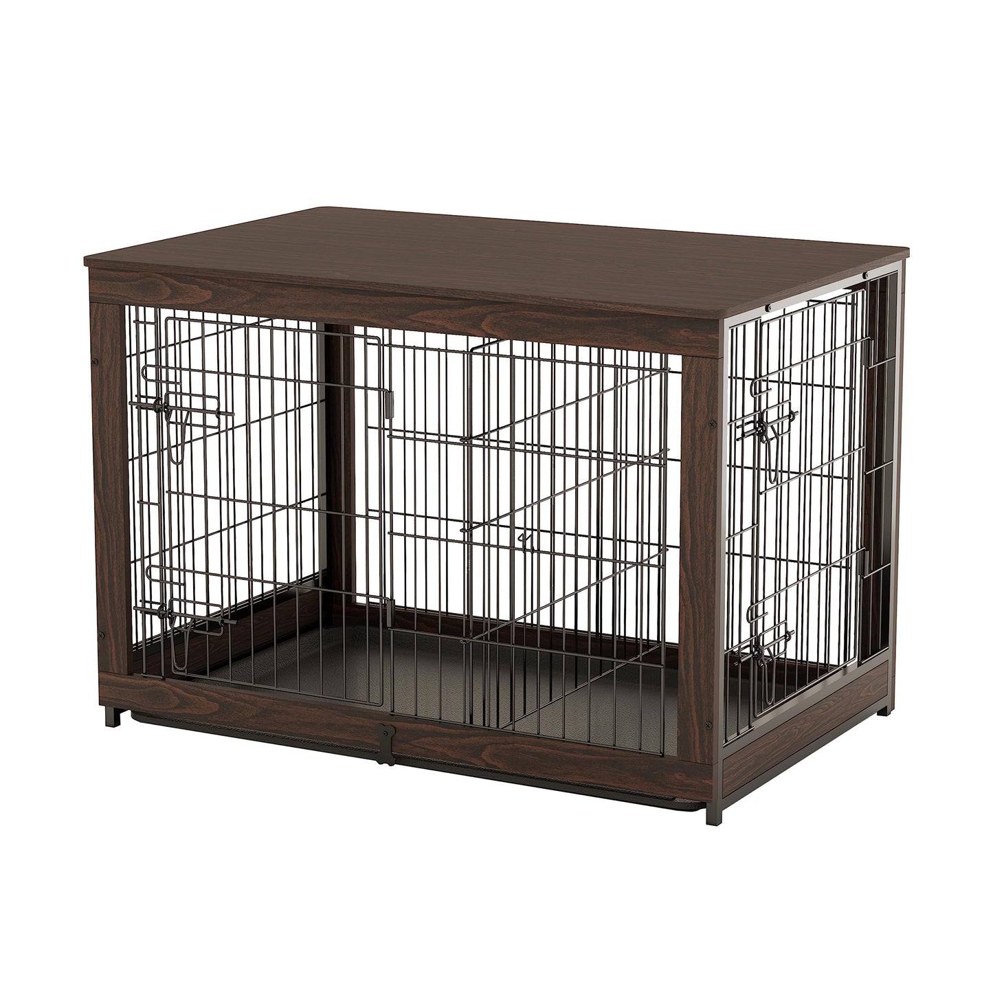 Piskyet Wooden Dog Crate Furniture with Divider Panel, Dog Crate End Table with Fixable Slide Tray, Double Doors Dog Kennel Indoor for Large Dogs(L:37.8 * 25.1 * 26.3inch,Brown Walnut) - WoodArtSupply