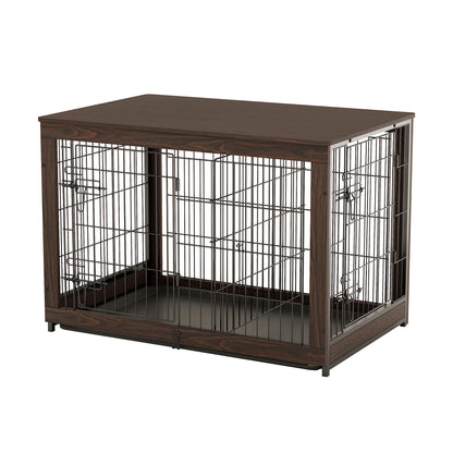 Piskyet Wooden Dog Crate Furniture with Divider Panel, Dog Crate End Table with Fixable Slide Tray, Double Doors Dog Kennel Indoor for Large Dogs(L:37.8 * 25.1 * 26.3inch,Brown Walnut) - WoodArtSupply