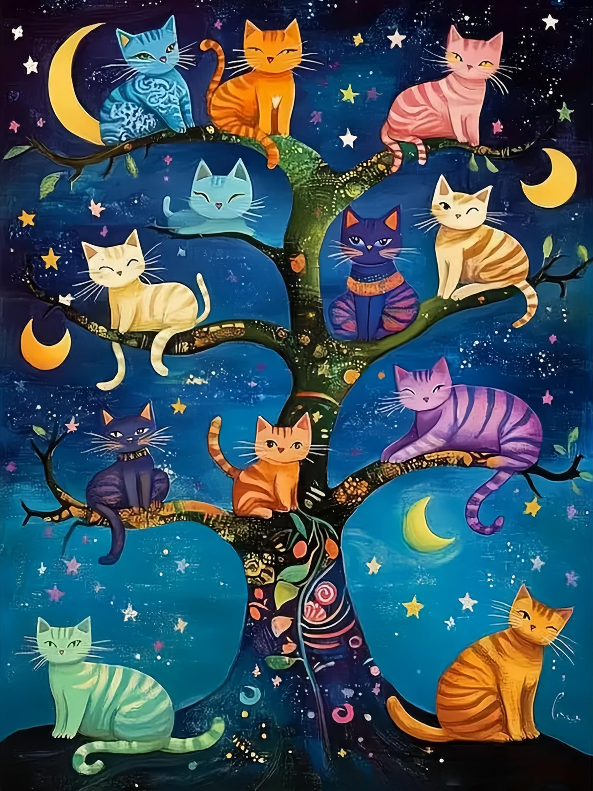 CHWGLFGG 5D Diamond Art Kits for Adults Beginners, Cat Family Tree Stars Diamond Painting Kits, DIY Full Round Drill Paint by Diamonds Dot Gem Art for Adults, Home Wall Decor 12x16 Inch CHWGLFGG
