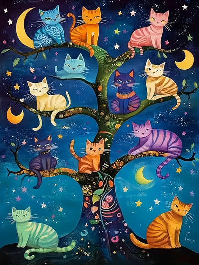 CHWGLFGG 5D Diamond Art Kits for Adults Beginners, Cat Family Tree Stars Diamond Painting Kits, DIY Full Round Drill Paint by Diamonds Dot Gem Art for Adults, Home Wall Decor 12x16 Inch