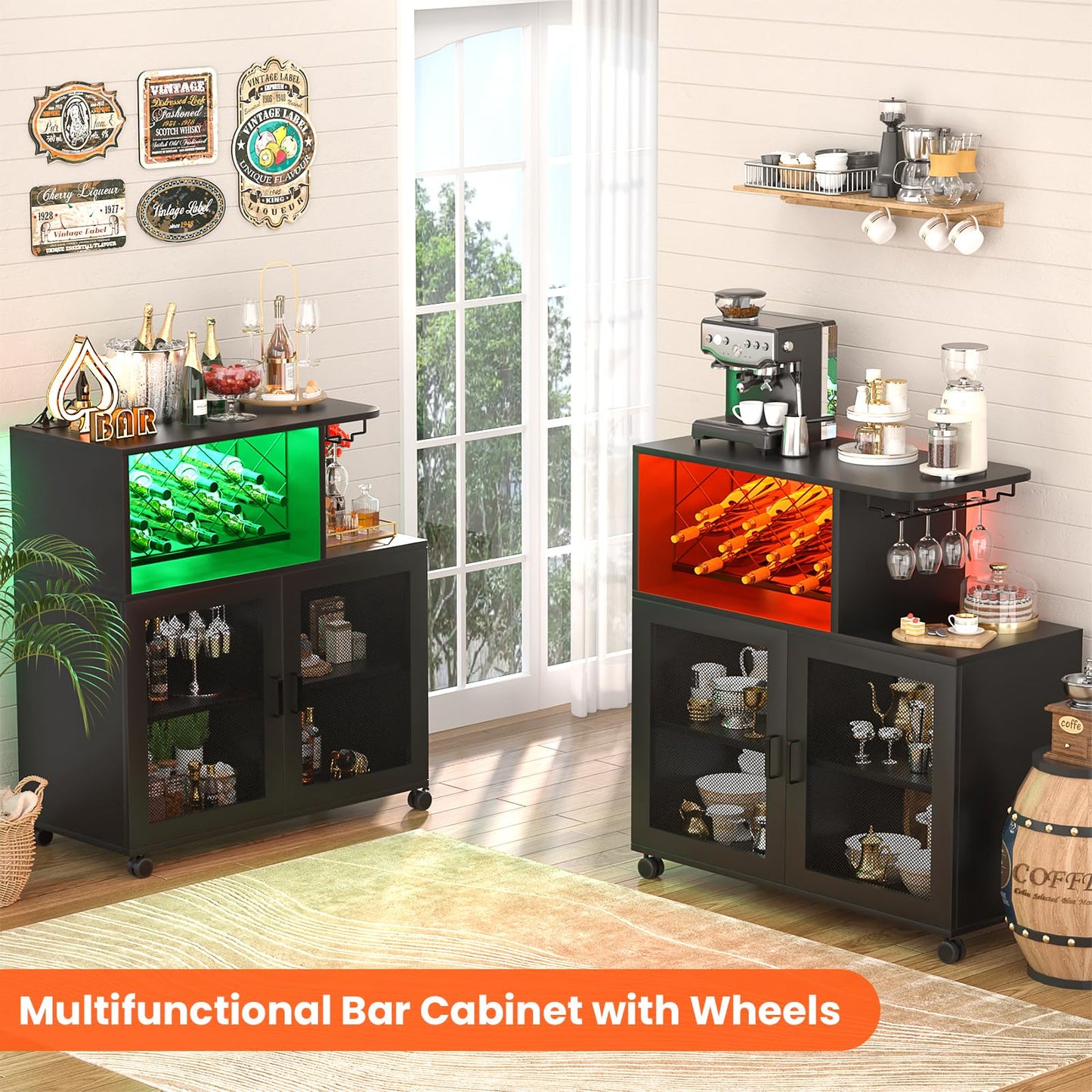 Girapow Wine Bar Cabinet with Wheels, Small Liquor Cabinet with LED Light, Home Bar Cart with Power Outlets, Coffee Bar with Wine Rack, Glasses Storage for Kitchen, Dining Room, Living Room,  - WoodArtSupply