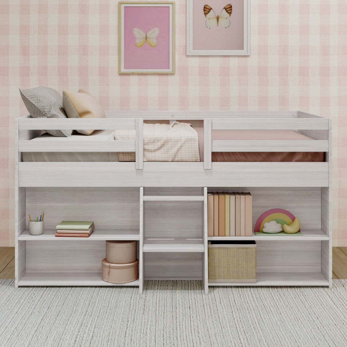 Max & Lily Modern Farmhouse Low Loft Bed, Twin Bed Frame for Kids with 2 Bookcases, White Wash Max & Lily