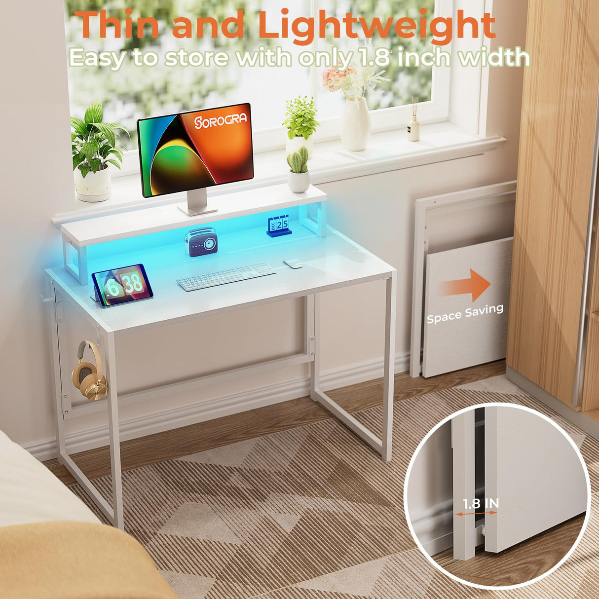 SOROGRA Small Folding Desk 31.5 inch for Small Spaces Foldable Desk with Monitor Shelf, Computer Gaming Table with Led Lights for Home Office Bedroom, Easy Assembly, White SOROGRA